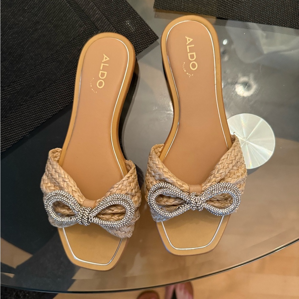 Aldo Beige Woven Sandals with Rhinestone Bow